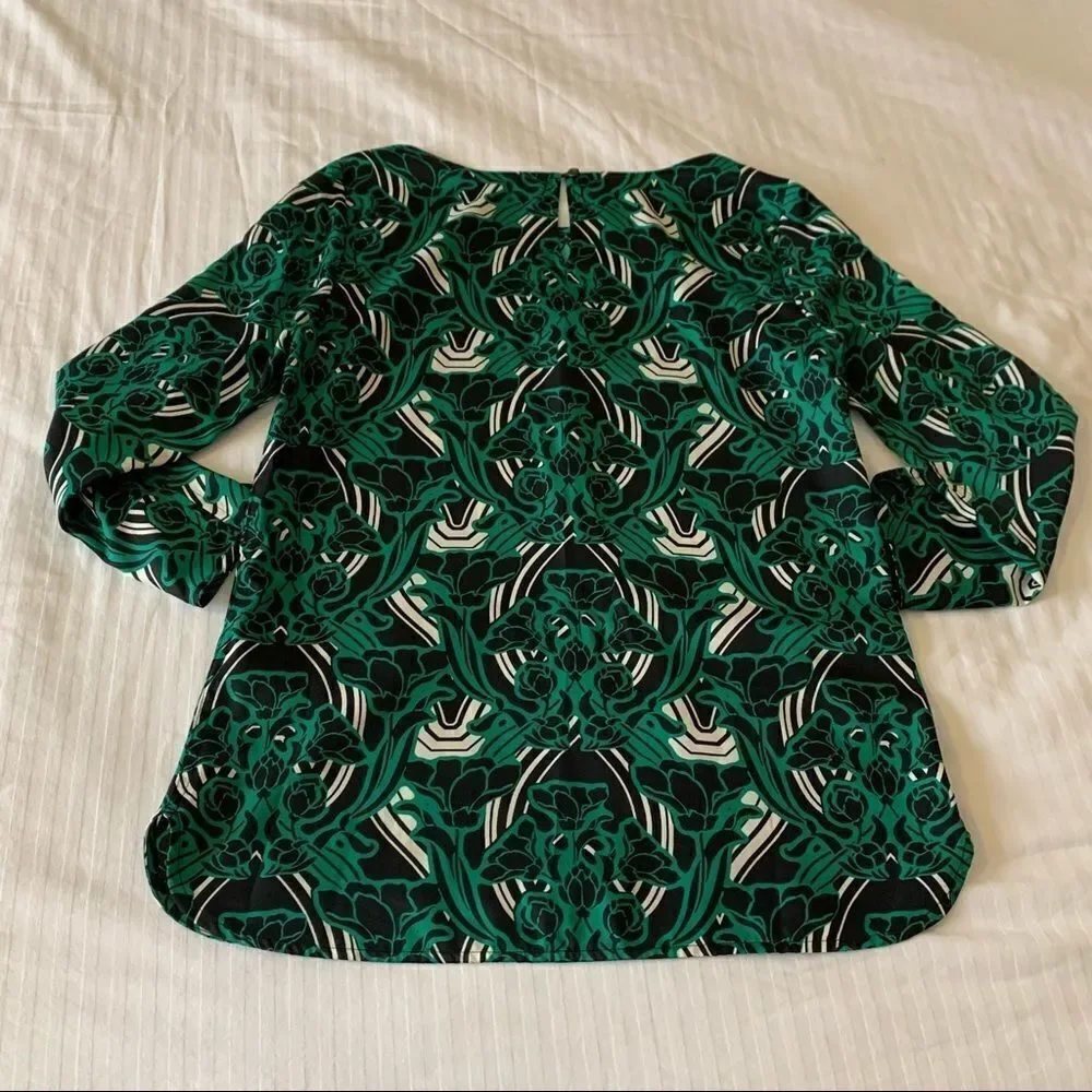J. Crew Womens Blouse Shirt Green 3/4 Sleeve Retro Floral Popover Size 2